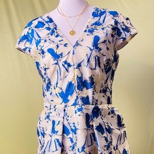 Vince Camuto Dress Womens 6 Blue Gold Jacquard Floral Fit Flare Pleated Cocktail